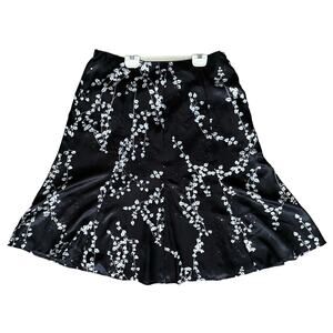 Chico's Black Floral Satin Midi Skirt Size 2 Sequined Embroidered A-Line Evening